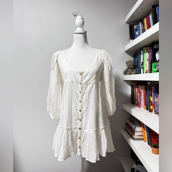 Free People Puff Sleeve Cute Button Front Tunic Mini Dress white Sz small - Picture 2 of 12